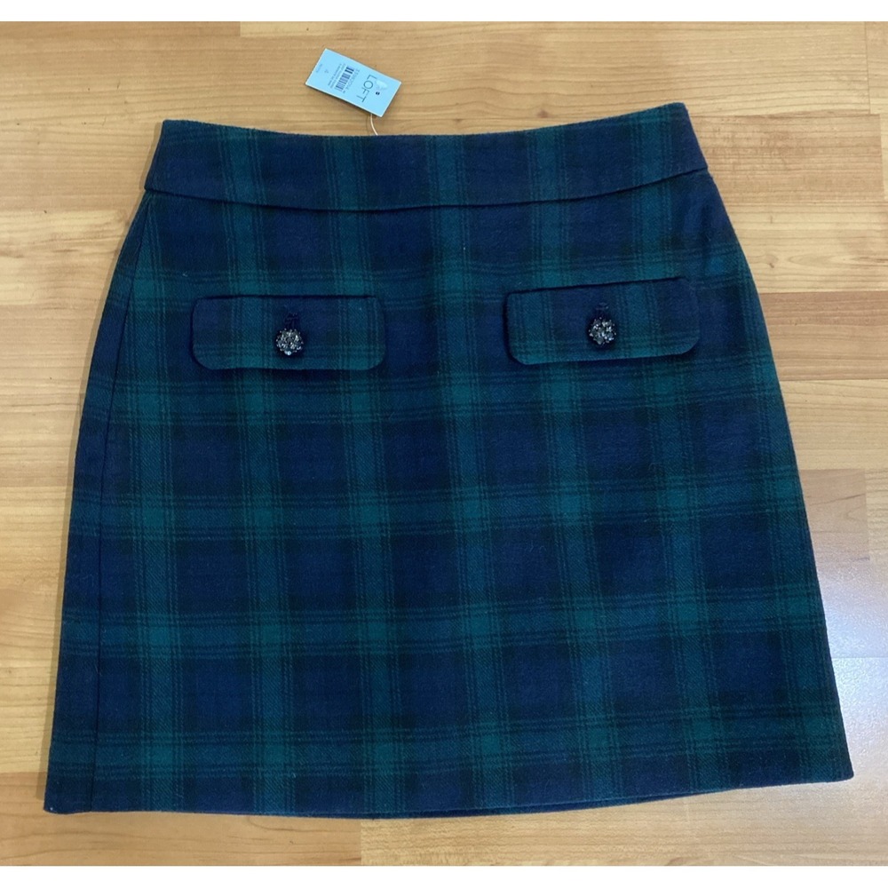 LOFT Green Navy Plaid Wool Blend Short Skirt Rhinestone Buttons Size 4P New Tags